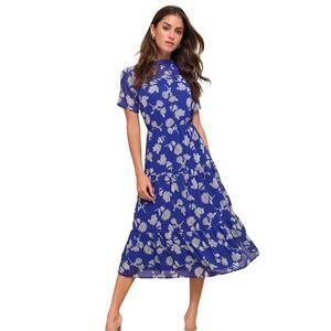 Lulus Floral Dressed Up Royal Blue Floral Print Midi Dress Size Large Sundress